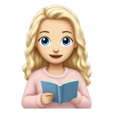 Pretty blue eyed white girl with light pink sweater reading cozy sticker