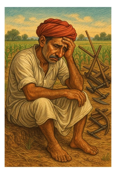 An Indian farmer wearing a dhoti, sitting sadly in a farm, expressive face, rural background, detailed illustration. sticker