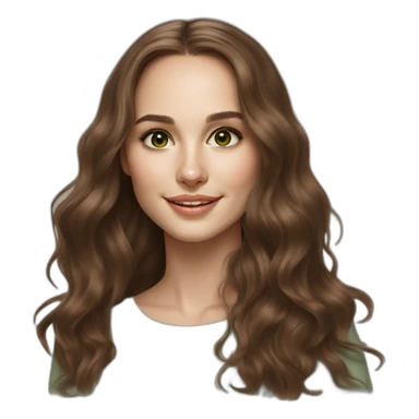beautiful girl, white, with long loose wavy hair, brown hair, brown green eyes, looks like natalie portman, smiles at the camera,realistic drawing sticker