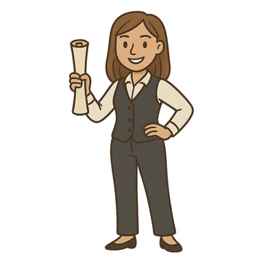 female character with light brown straight hair, academic vest and pants, smiling, standing confidently as mentor, holding a scroll sticker