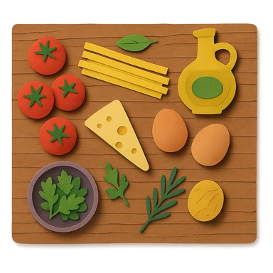 A realistic top-down view of a wooden kitchen table with various common ingredients neatly arranged (like tomatoes, pasta, eggs, cheese, herbs, olive oil). The background should be dark and soft to match a modern app interface. Lighting should highlight the ingredients naturally, with soft shadows. No text, no hands, minimalistic but warm and homely, like a mobile UI background for a cooking app. sticker