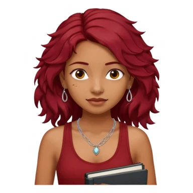 a pretty tan indian bratz girl with messy dark wavyred hair, wearing a dark red tank top, layered silver necklaces. Carrying multiple sketchbooks sticker