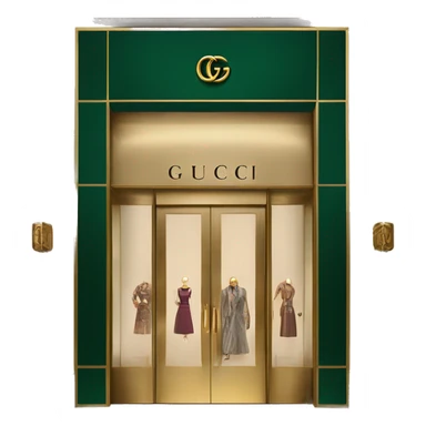 “Gucci store exterior with gold logo above entrance, large glass windows displaying luxury fashion, and elegant double doors.” sticker