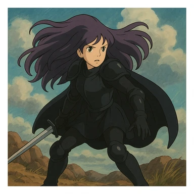 A mysterious warrior girl with flowing purple hair, dressed in black armor, in a dramatic stance, ghibli-inspired style. sticker