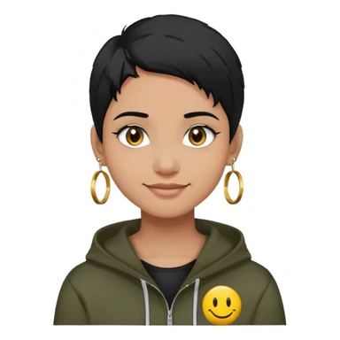 person with military cut black hair, brown eyes, wearing 2 circle earrings and a black hoodie with a smiley face sticker