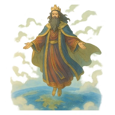 ghibli style godlike man with regal robes, floating above the world, ethereal atmosphere sticker