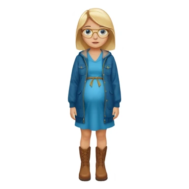 18 year-old pregnant between blonde and brown haired girl with golden glasses with blue eyes in a long bright blue dress and a dark green jacket over the dress and brown boots standing sassily sticker