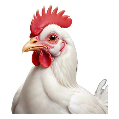 Cinematic Cute White Chicken Portrait Emoji, Head tilted playfully and inquisitively, featuring smooth, immaculate white feathers and a delicate red comb, round, sparkling beady eyes filled with curiosity, Simplified yet irresistibly adorable features, highly detailed, glowing with a warm, friendly glow, high shine, affectionate and lively, stylized with a touch of farmyard whimsy, bright and endearing, soft glowing outline, capturing the essence of a mischievous yet loving chicken, so playful it feels like it could peck out of the screen and into your arms! sticker
