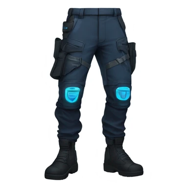 Futuristic slim-fit tactical pants with armored knee pads, glowing blue accents, and utility pockets, designed for an anime hero. Dark color scheme (black/navy) with cyberpunk details, tapering towards boots and matching a tactical jacket. sticker