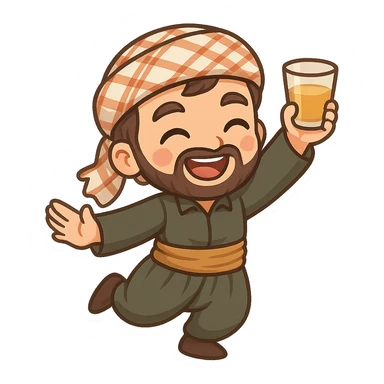Kurdish man or woman in jamadani, cartoon style, joyful and festive, celebrating with a dance or raised glass, no text sticker
