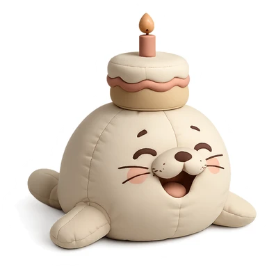 cutie baby seal balancing cake on head with laughing face in cushion style sticker