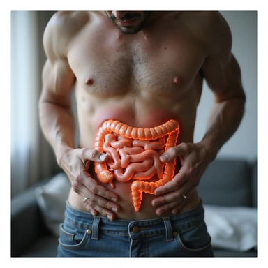 realistic man with athletic but swollen and reddened abdomen, stylized intestine highlighted with inflamed zones, expression of pain, natural light, clinical background, 4K quality sticker