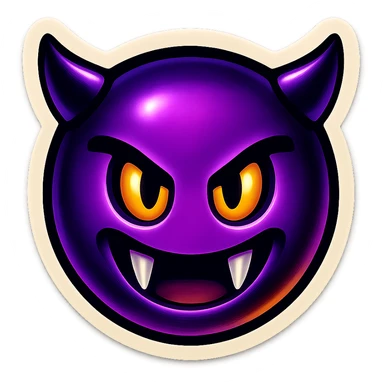 devil emoji, neon purple and black colors, sharp fangs, glowing yellow eyes, dramatic shadows, neon palette, vibrant neon style sticker