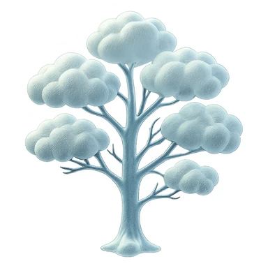 one tree with many branches and a white trunk, crown made of small very bright white fluffy convex clouds, matte glass style sticker