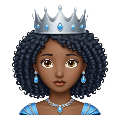Por favor hazme el emoji de la princesa pero morena con el pelo negro y rizado, los ojos marrones y la corona plateada con jollas azules sticker