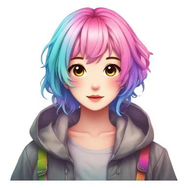 Gorgeous anime style shojo character with blushing face aesthetic and pretty colorful shiny gradient neon rainbow hair with hair garment trending style sticker