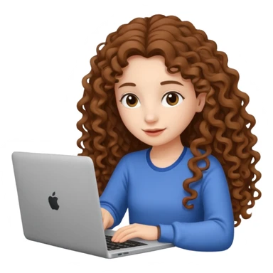 A girl with long curly hair is preparing for IELTS online with a laptop. sticker