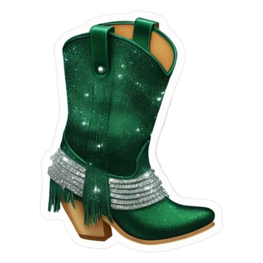 Realistic dark green fashion cowgirl boots with sparkly shiny glitter fringe on them. sticker