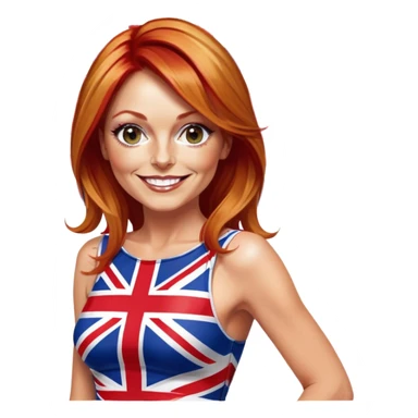 Geri Halliwell smiling with red hair and blonde highlights wearing a short bodycon Union Jack flag dress sticker