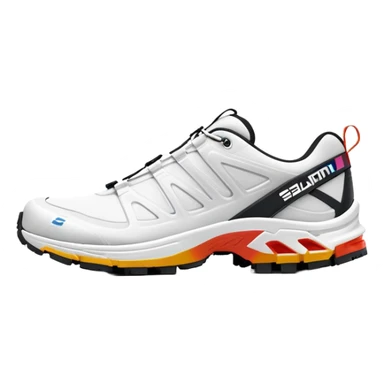 Clean white Salomon XT-6 sneakers with prominent colored Salomon logo stripe in the middle, one behind the other, iOS emoji style, white design with only the middle brand stripe in color sticker