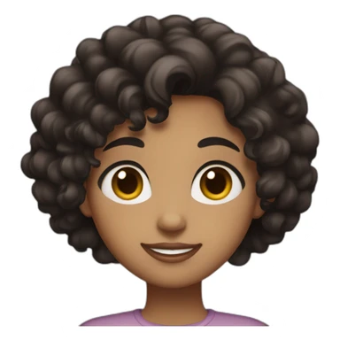 A girl with brown eyes, short black curly hair, a medium body, and burgundy skin sticker