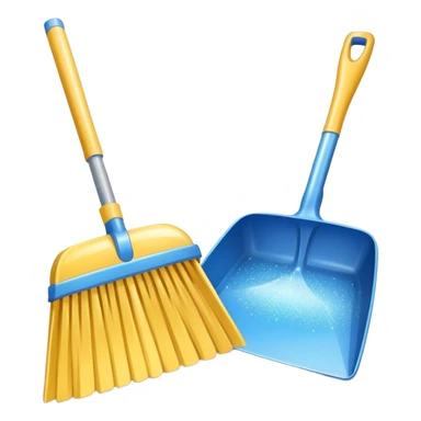 broom and dustpan with sparkles, clean and friendly sticker