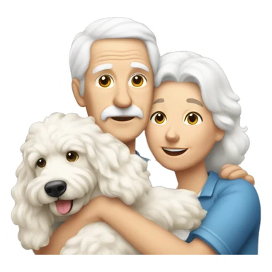 old couple r hugging with a big white goldendoodle sticker