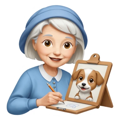An elderly woman sketching, art board,nice picture, puppy face. sticker