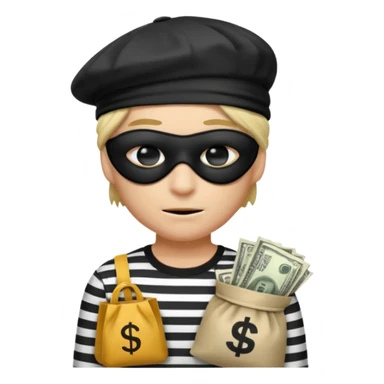 a short ios emoji-style portrait of a classic burglar, a black eye mask (looks like a blindfold) and a black-and-white striped shirt. emoji-like hair, black hat, ONE bag of money 💰 with a dollar sign in a right corner sticker