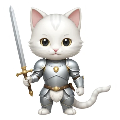 baby chibi white cat in silver armor, full body, smile, hold sword sticker