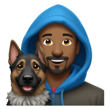 man with dreadlocks, mustache and goatee expressing joy dressed in a blue hoodie alongside a dark brindle colored german shepherd dog sticker