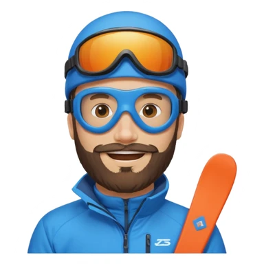 bearded man skiing, blue outfit, smiling sticker