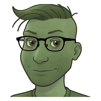 a dark-haired guy with hair to his earlobes, square glasses, brown eyes sticker