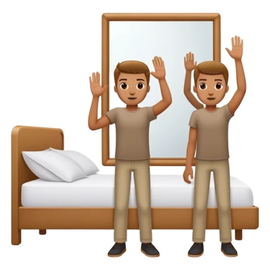 A person stands beside their bed, rolling out groggily with determination. The bed behind them is neatly made, a mirror in front of them shows them high-fiving their reflection. A glowing sunrise outside signals the start of a productive day. sticker
