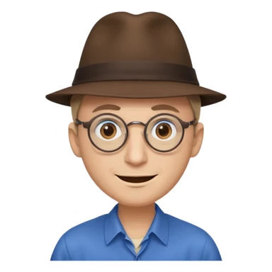 A man with sharp and thin face, brown round glasses, a brown hat and a brown costume with beige shirt (shoulders only), with blue eyes and a large smile on his face and menacing eyes. sticker