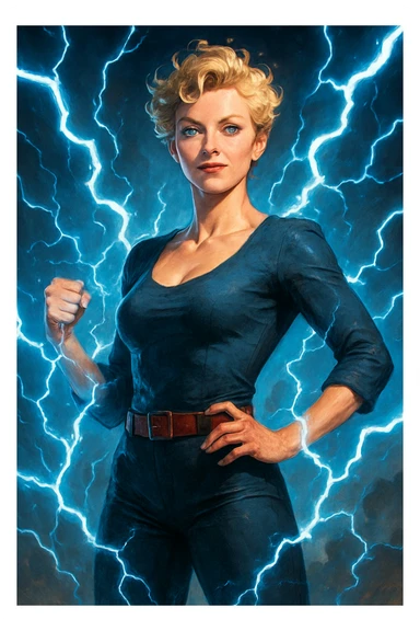 a woman with short curly blonde hair, blue eyes, and blue electricity crackling around her, confident pose sticker