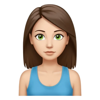 43 year old Adult woman avatar, light skin tone, long, oval face, long straight ashy brown hair, green almond-shaped eyes with dramatic eyelashes and minimal eyeliner, neutral mouth, medium straight eyebrows, small nose, smooth skin, sky blue tank top sticker