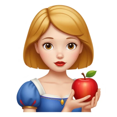 Create an emoji of Snow White holding a red apple, with short golden-brown hair. sticker