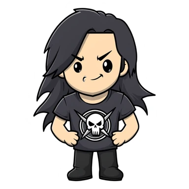 A metalhead with long flowing black hair, wearing a black heavy metal t-shirt, smirking confidently sticker