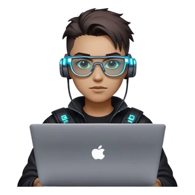 An emoji of a person with a laptop, but wearing cyberpunk glasses and with a slight neon glow sticker