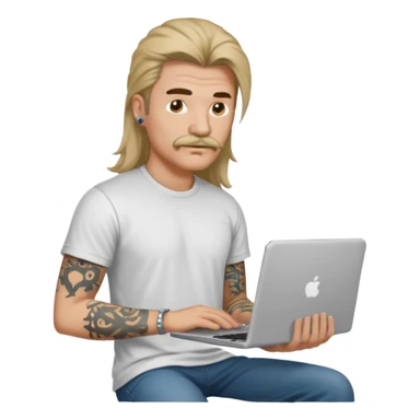 A DEVELOPER WITH A laptop, USING t-shirt, long hair,mullets style, mustache, tattoo, piercing sticker
