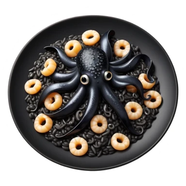 cinematic-realistic-black-risotto-dish-emoji,-showcasing-small black squid pieces-rendered-with-bold-textures-and-dynamic,-dramatic-lighting. sticker
