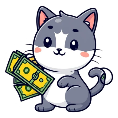 A cat with a bunch of money, showing it around in a sticker