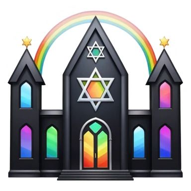 jewish synagogue temple in dark goth aesthetic style with black building and very light tint glass windows that are rainbow if looked at together. and star of david and celestial symbolism sticker