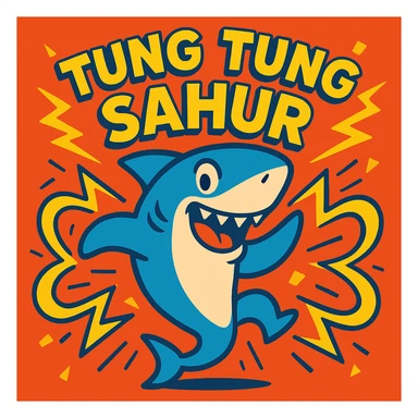 dancing shark surrounded by sound waves and 'tung tung tung sahur', energetic, cartoon style sticker