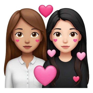 Dos mujeres juntas que una sea de color trigueña cabello largo castaño con una raya en medio polo blanco y de color blanca cabello largo negro polo negro, y tengan un corazones rosados pequeños  arriba sticker