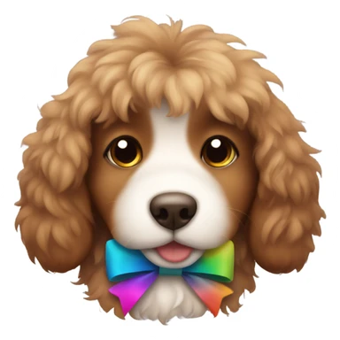 A brown fluffy puppy wearing a bow sticker