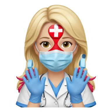 enfermera rubia con pelo largo, con mascarilla y guantes azules que aperezcan las dos manos, como las primeras imagenes que enviaste sticker