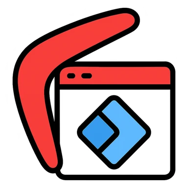 icon of a boomerang and Power Pages logo combined, outlined, playful, red and white, clean sticker
