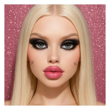 pretty Bratz baddie with platinum blonde straight hair, pale skin, pretty makeup, blue eyes, platinum blonde brows, silver cheek piercings, black smokey eyeshadow, pink lipstick, nose piercing, pink glittery background sticker